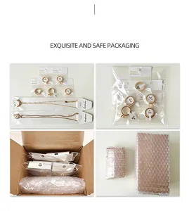 Jewelry packaging process showing individual bags, bubble wrap, and cardboard box