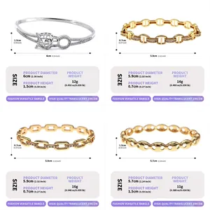 Detailed size and weight chart for four luxury zircon bangle bracelets in various styles.