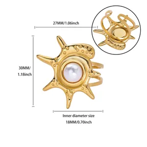 Close-up detail and dimensions of a vintage stainless steel ring with faux pearl.