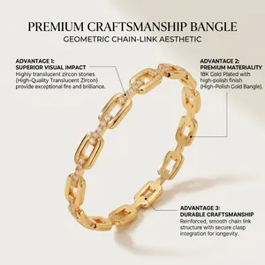 Detailed view of 18K gold plated chain-link bangle with sparkling zircon stones