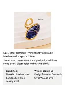 Détails de la bague rétro en acier inoxydable avec pierres bleues et design géométrique