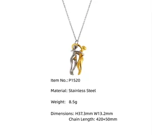 Detailed macro view of two-tone lovers hug pendant necklace with precise size measurements