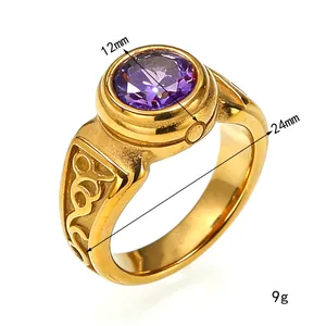 Vintage gold titanium steel men's ring with large purple gemstone macro detail view