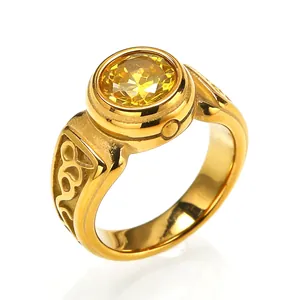 Close-up detail of a vintage gold titanium steel ring featuring a vibrant yellow gemstone