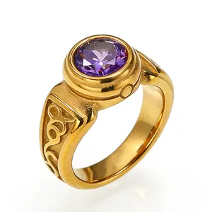 Vintage gold titanium steel ring for men featuring a round purple gemstone