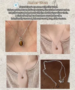 Detail view of oval tiger eye stone necklace in S925 sterling silver with model display