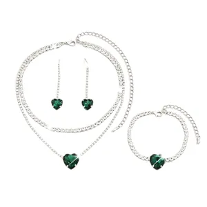 Elegant bridal jewelry set with green heart crystal necklace, bracelet and earrings
