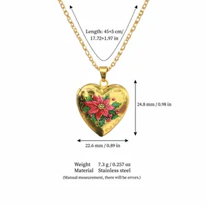 Elegante gouden roestvrijstalen hartmedaillon ketting met een verfijnd rood bloemmotief