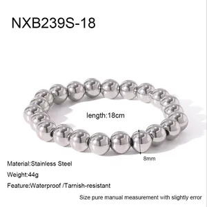 Detail view showing 8mm stainless steel round bead elastic bracelet, length 18cm