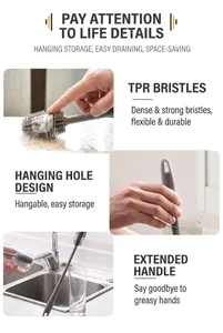 Detail showing TPR bristles and extended handle of ergonomic kitchen cup cleaning brush