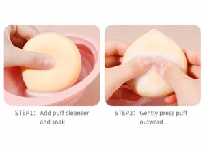 Close-up detail showing the two-step cleaning method for a soft marshmallow makeup puff sponge