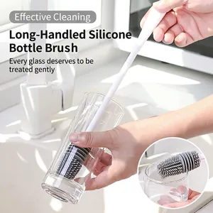 Multifunctional gray long-handle silicone brush for deep cleaning baby bottles and cups