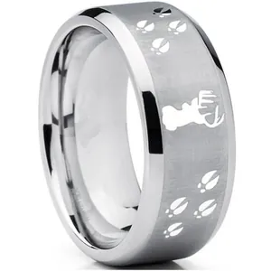 Anillo de Acero Inoxidable Cepillado Vintage para Hombre con Reno y Huellas de Animales Banda Esmerilada Joyería Navideña Regalo