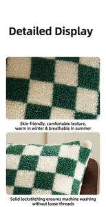 Detailed texture of green and white checkerboard sherpa fleece cushion cover fabric