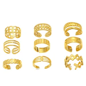 Set of 9 18K gold-plated geometric open rings with adjustable minimalist designs.