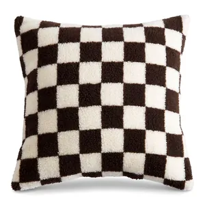 Classic brown and white checkerboard lamb wool throw pillow cover with soft plush texture