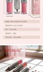 Detailansicht von SAM SUGAR 2-in-1 matter Lippenstift und Lipgloss mit Spezifikationen.