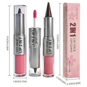 SAM SUGAR 2-in-1 Matt-Lippenstift und Lipgloss mit Maßen und Verpackung