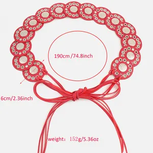 Detailed view of bohemian red leather belt with round disk patchwork showing dimensions.