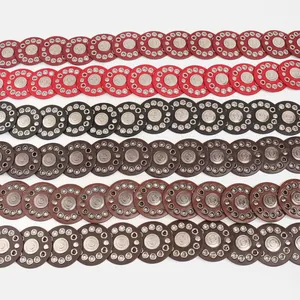 Six colors of bohemian leather patchwork belts with decorative metal disc details