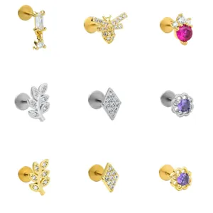 Assorted stainless steel labret studs featuring micro-paved colorful cubic zirconia