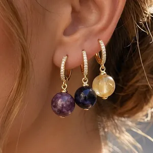 Vintage Micro Pave Zirconia Copper Earrings Natural Stone Ball Drop Earrings For Women Elegant Light Luxury Jewelry Gift