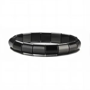 Polished black magnetic hematite square bead elastic bracelet for yoga, men and women