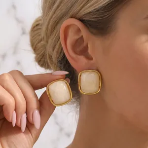 Elegant square gold-plated stainless steel and cream resin stud earrings for women