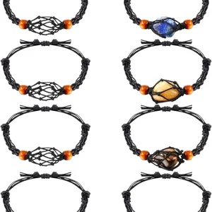 Hand-woven adjustable black mesh pouch bracelets featuring various natural raw crystal stones