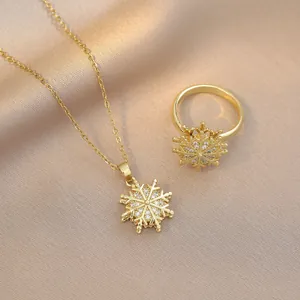Rotierendes Schneeflocke Zirkon Blume Anhänger Halskette Ring Schmuckset Für Damen Gold Silber Edelstahl Mode Halsschmuck Zubehör
