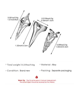 Detailed view of silver geometric hollow nail rings with size and weight specifications.