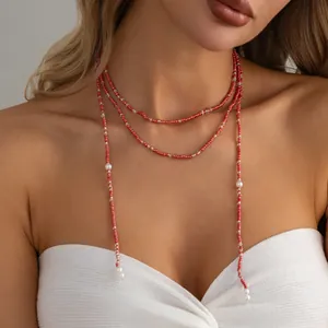 Boho Glas Seed Bead Lariat Y Halskette Lange Handgemachte Künstliche Perle Mehrschichtige Litzenkette Für Damen