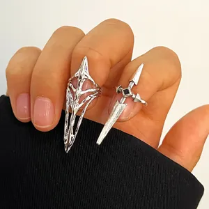 Unique silver punk style melted metal ring and cross sword nail ring for women
