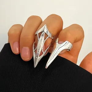 Gothic silver geometric finger nail rings set for creative and edgy nail art styling