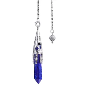 Elegant hexagonal blue natural stone crystal point pendant necklace with silver hollow cap