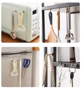 Versatile magnetic hooks shown holding kitchen tools and accessories in various home settings.