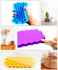 Close-up showing the flexible texture of a 37-cell honeycomb silicone ice cube tray with lid