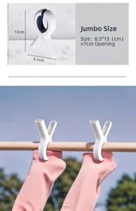 Large white windproof quilt clips with 7cm opening holding socks on outdoor rod