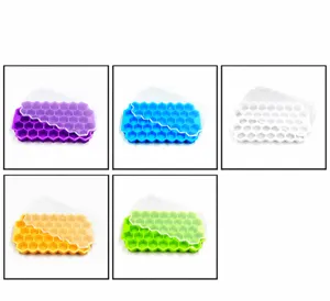 Detailed view of 37-grid honeycomb silicone ice cube trays in multiple colors with lids