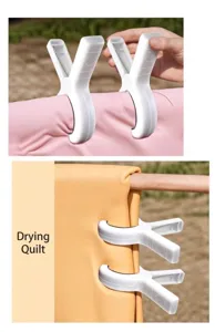 Close-up of durable white windproof quilt clips securing blankets on a drying pole