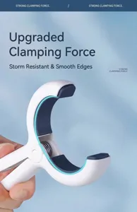 Detailed close-up of a white strong windproof quilt clip with soft blue anti-slip pads
