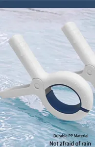 Close-up of durable white quilt clip with blue inner grip and water droplets