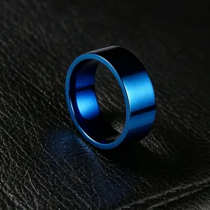 Men's vintage stainless steel band ring featuring a vibrant brushed blue finish