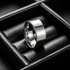 Classic mirror-polished silver stainless steel band ring for men displayed in jewelry box