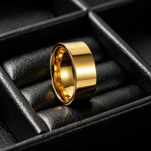 High-polished 18k gold plated stainless steel band ring for men in black jewelry box