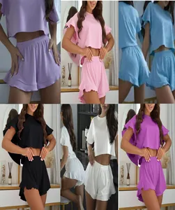 Ribgebreide tweedelige loungewear-set voor dames met ruffleshorts in zes kleuren