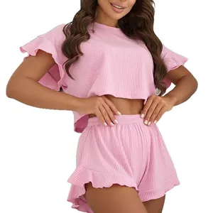 Roze geribbelde tweedelige loungeweerset met ruches en een kortere zoom voor dames zomernacht
