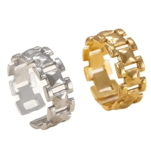 Bague ouverte en acier inoxydable à maillons creux, finitions or et argent