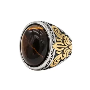 Retro Vintage Herrenring aus Titanstahl mit großer ovaler Tigerauge-Stein-Einlage