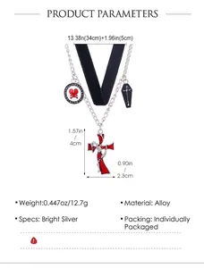 Detail of punk cross choker necklace showing weight material and size parameters